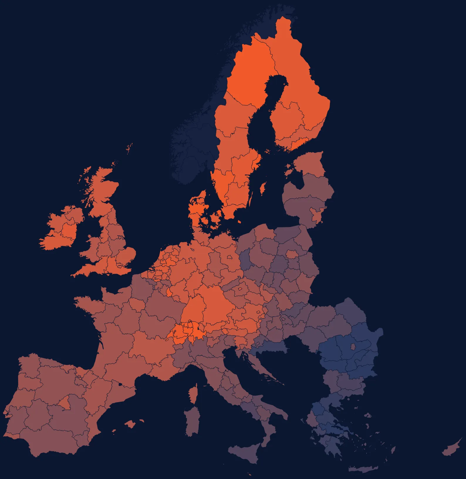 Map of European regions coloured by their 2023 Reframing Welfare Index score: highest in the Nordic countries, Switzerland, southern Germany and Ireland; lowest in Romania, Bulgaria, Greece and southern Italy.